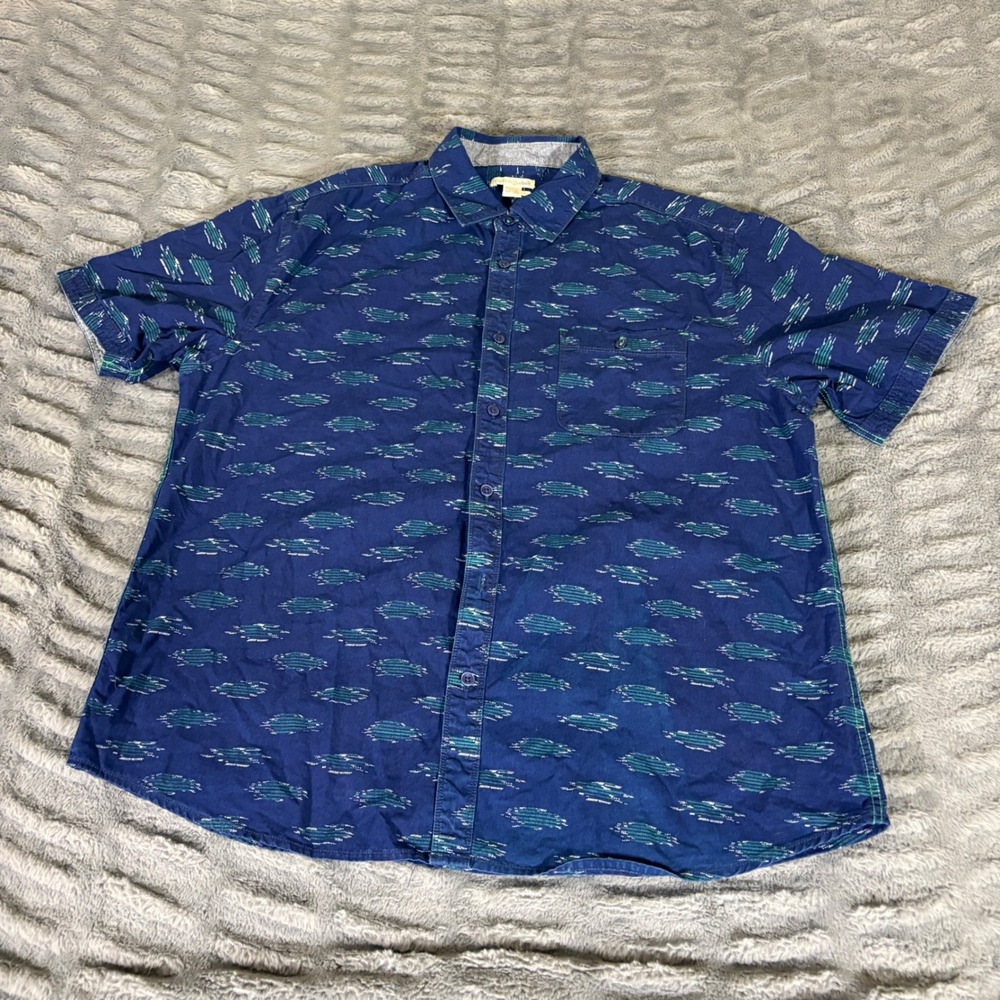 Carbon2Cobalt Mens Large Blue Ikat Print Short Sleeve Cotton Button Down Shirt